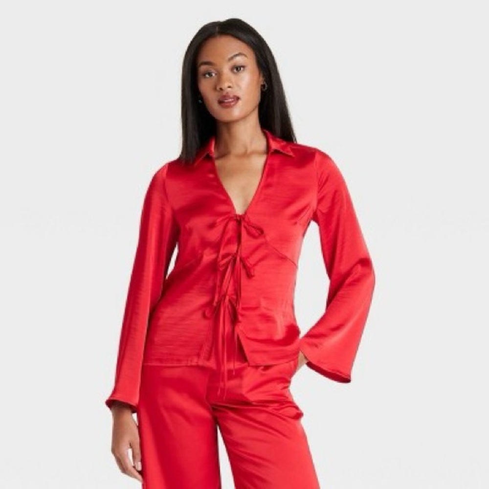 Women’s long sleeve satin tie blouse
